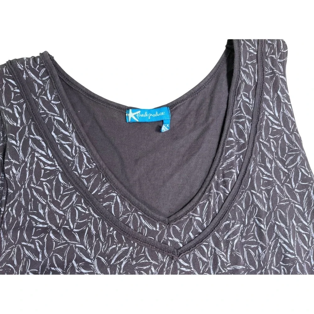 Fresh Produce 2X Gray Leaf Print Sleeveless Midi Dress Ruffle Hem‎